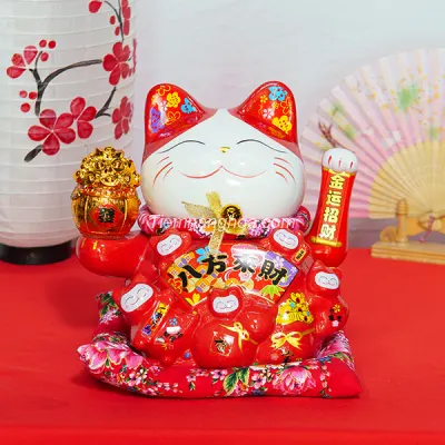 God of Fortune Cat, Golden Money Dai Phat - Red - 26 cm