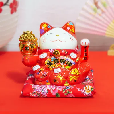 God of Wealth Cat - Golden Fortune - Red - 16 cm
