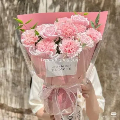 Single Carnation Bouquet Mixed with Cream Pink HB146