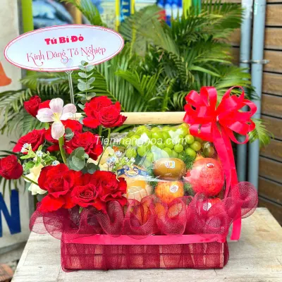 Imported fruit basket mixed with red roses GTC11