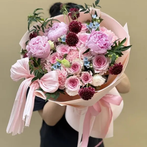 Bó hoa peony mix tone hoa tone hồng phong cách HB315 - Ảnh 1