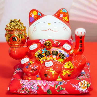 Mèo Thần Tài Kim Tiền Đại Phát Tài - Đỏ - 16 cm