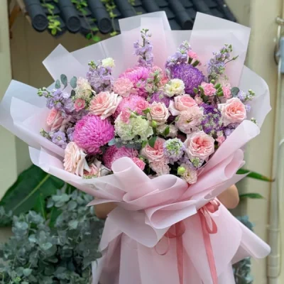 Bó hoa tone tím hồng HB212