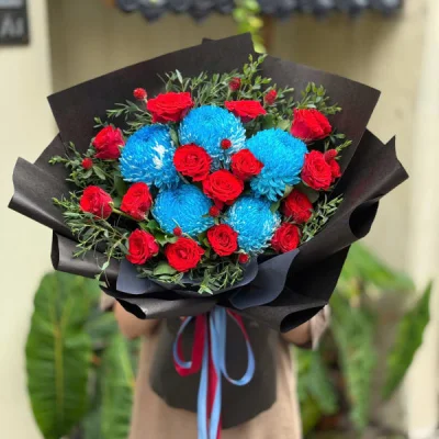 Bó hoa cúc mẫu đơn xanh dương & hồng đỏ HB226