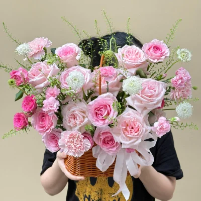 Sweet pastel pink flower basket HG54